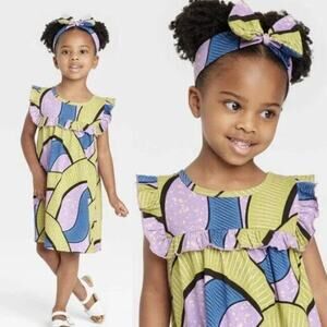 NWT Ade + Ayo Girls Summer Artsy Cotton Printed Ruffled‎ Dress With Headband 3T